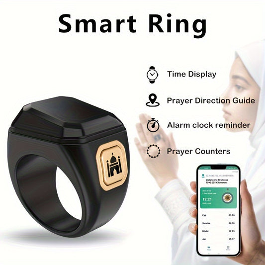 Stylish For Smart Prayer Ring with Prayer Counter, 5 Reminders, Direction Guide, Long-lasting Battery, OLED Screen, Declaration Alarm, Beads, and Charging Cable - Without Charging Bin