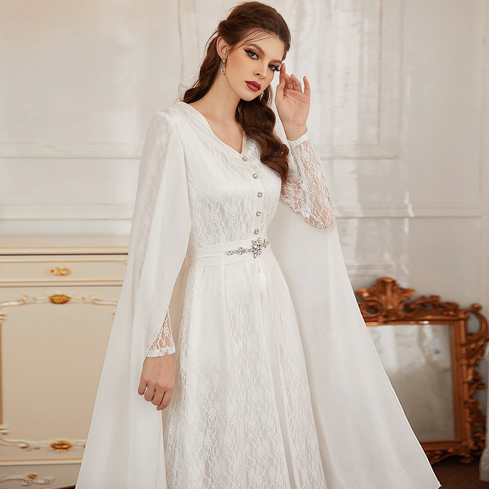 White Lace Hand-stitched Diamond Long Dress Cloak Islamic Evening Gown