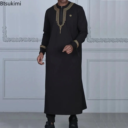 2025 New Arabic Robe Men's Muslim Fashion Abaya Dubai Turkey Long Sleeve O-neck Embroidered Kaftan Men Casual Party Jubba Thobe