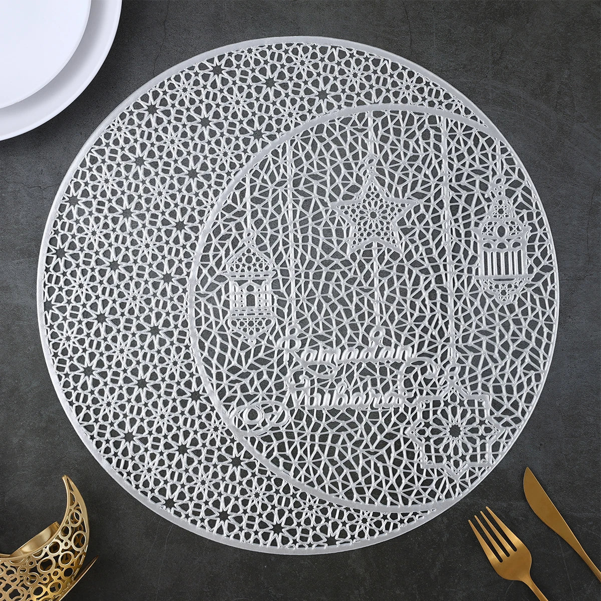 EID Mubarak Round Hollow-out Placemat Ramadan Home Table Dining Party Decor Ramadan Kareem Tableware Muslim Islamic Table Decor