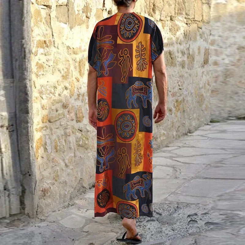 Muslim Men Summer  Casual Printed Long Short Sleeved Robe Dubai Robe for Men