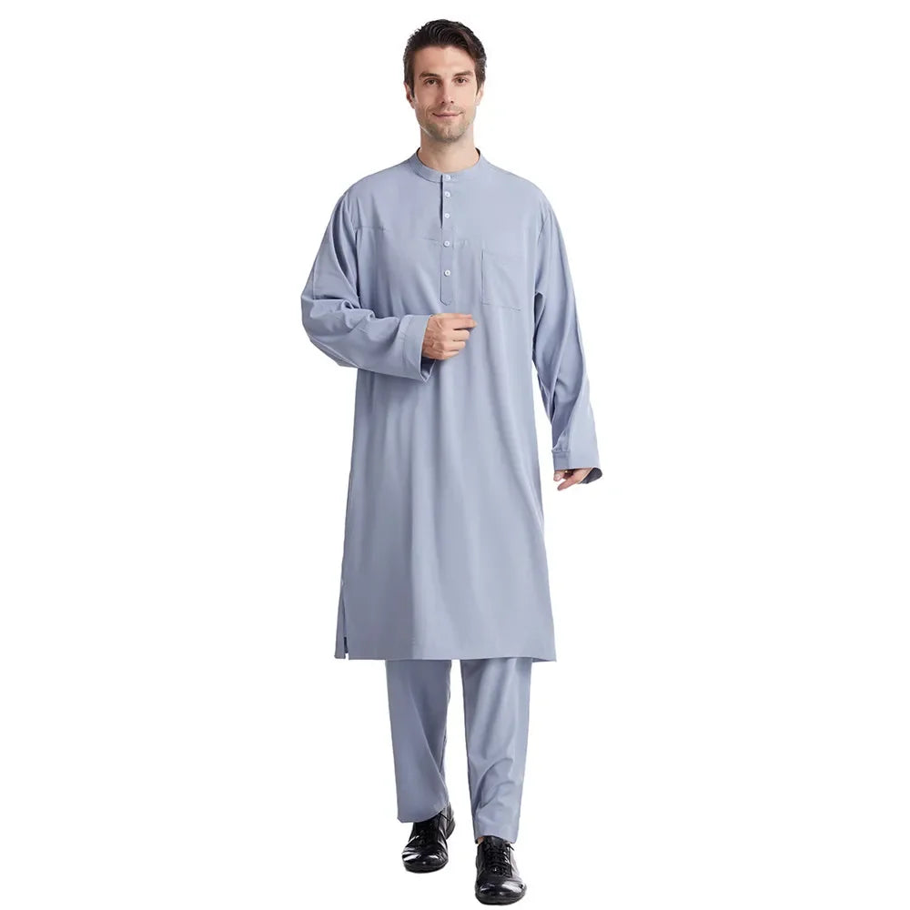 Muslim Islamic Clothing Men Jubba Thobe Long Robe Pants Saudi Abaya Caftan Dubai Arab Shirts Trousers 2pcs Pakistan Middle East