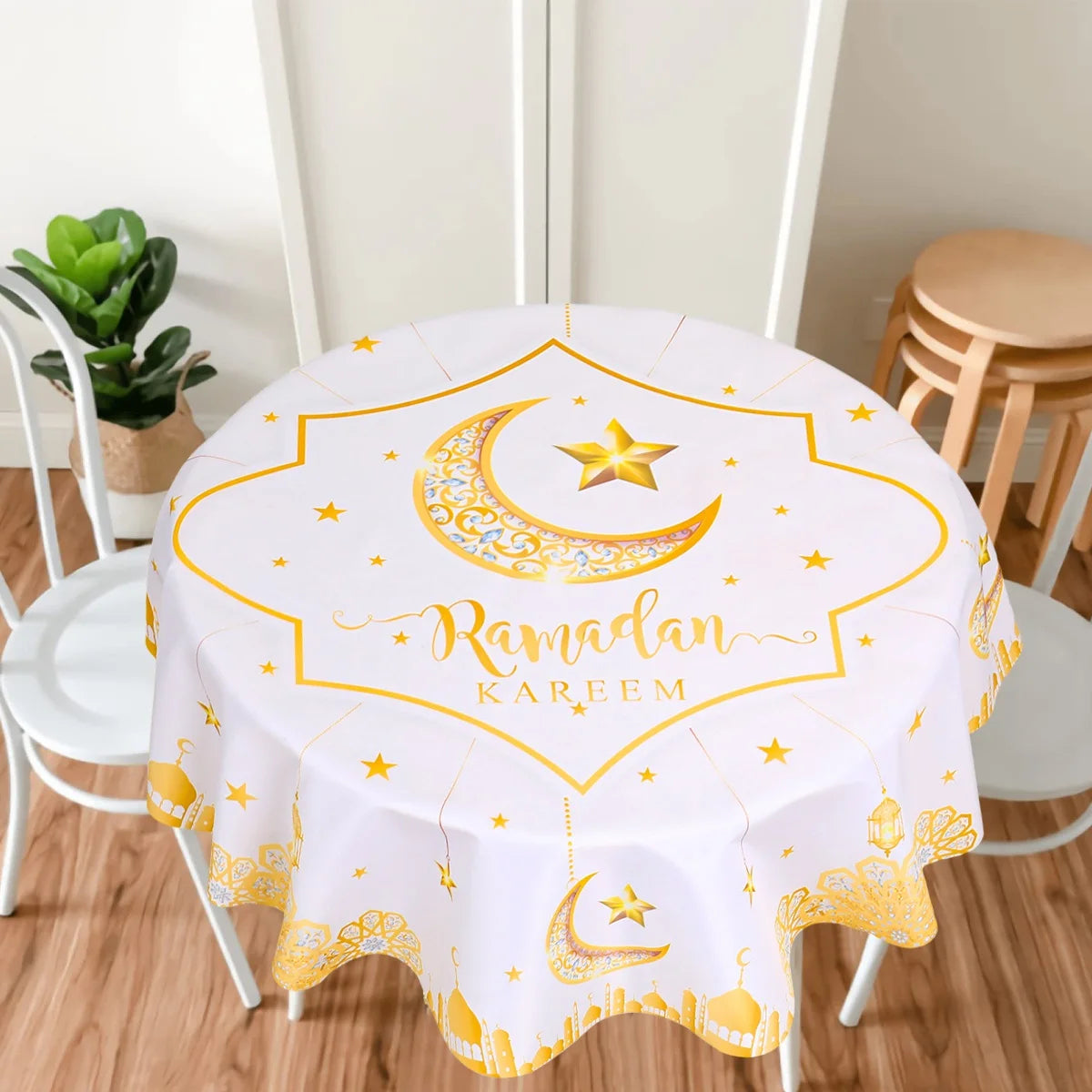 150cm Polyester Round Waterproof Cover Table Decor Eid Mubarak Restaurant Decoration Tablecloth Ramadan Home Decor Islamic Art