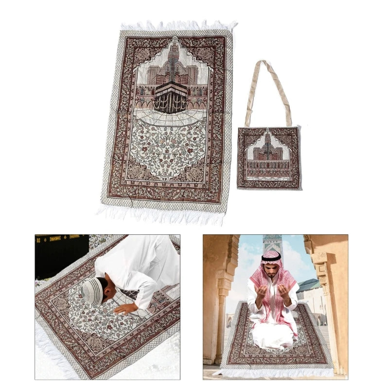 Muslims Prayer Mat Rugs with Tassels Bag Travel Portable Flower Pattern Islamic Carpet Blanket Home Decors 105x65cm