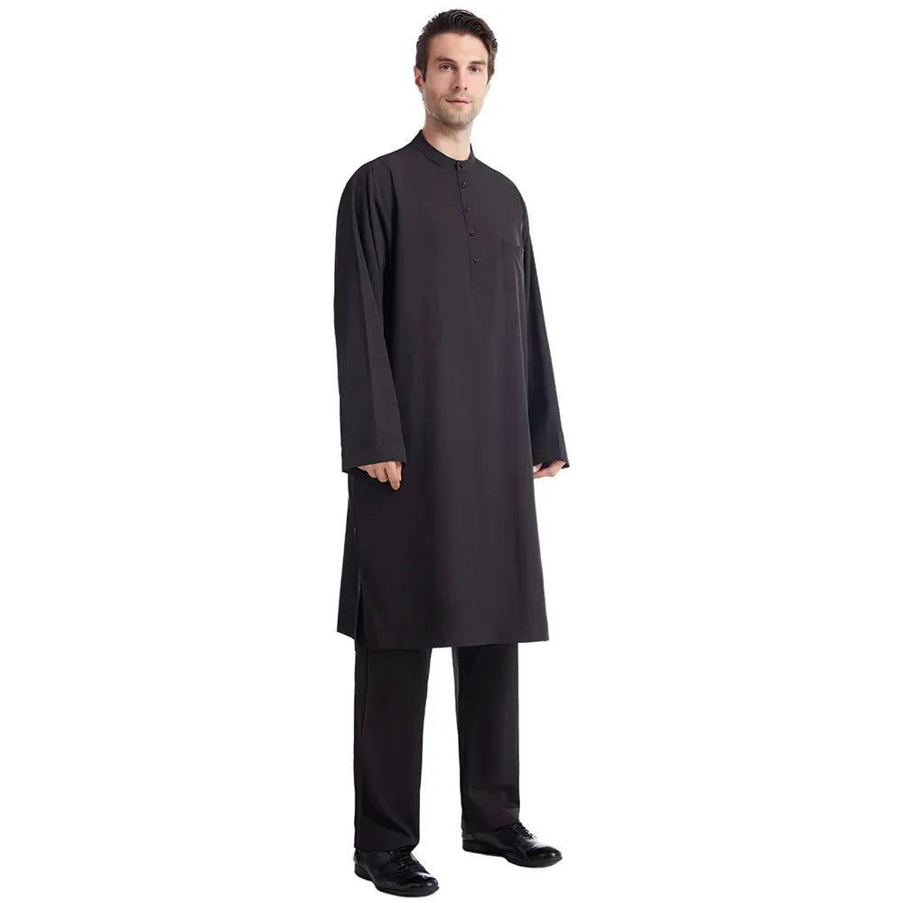 Muslim Islamic Clothing Men Jubba Thobe Long Robe Pants Saudi Abaya Caftan Dubai Arab Shirts Trousers 2pcs Pakistan Middle East