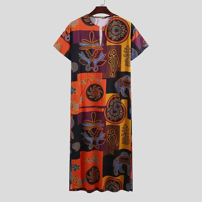 Muslim Men Summer  Casual Printed Long Short Sleeved Robe Dubai Robe for Men