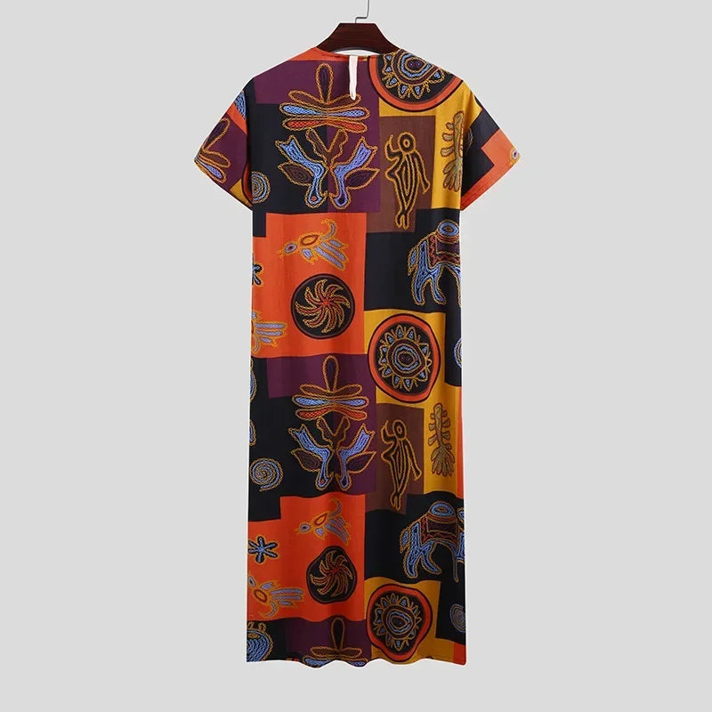 Muslim Men Summer  Casual Printed Long Short Sleeved Robe Dubai Robe for Men