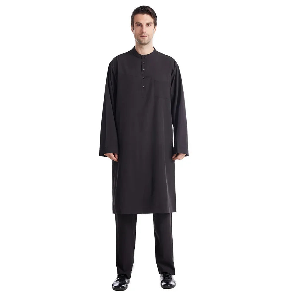 Muslim Islamic Clothing Men Jubba Thobe Long Robe Pants Saudi Abaya Caftan Dubai Arab Shirts Trousers 2pcs Pakistan Middle East