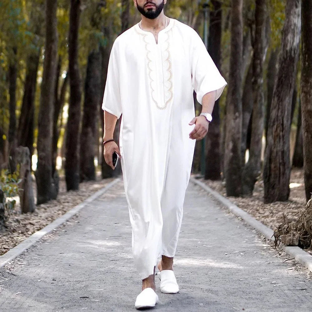 New 2025 Muslim Men Abaya Arabic Islamic Clothing Loose Shirt Robe Jubba Thobe Ethnic Print Saudi Arab Middle East Male Vestidos