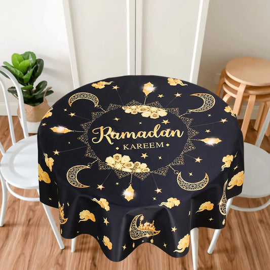 150cm Polyester Round Waterproof Cover Table Decor Eid Mubarak Restaurant Decoration Tablecloth Ramadan Home Decor Islamic Art