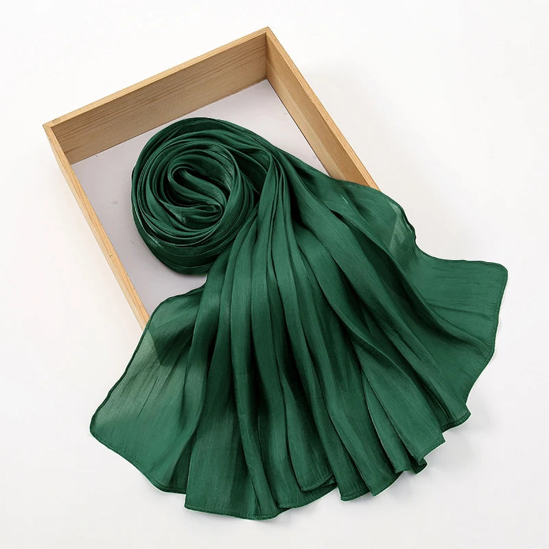 Newest Plain Shimmer Hijab Silk Wrinkle Scarf Muslim Woman Hijab Shawls Islam Woman Long Wraps Femme Headband Pure Turban