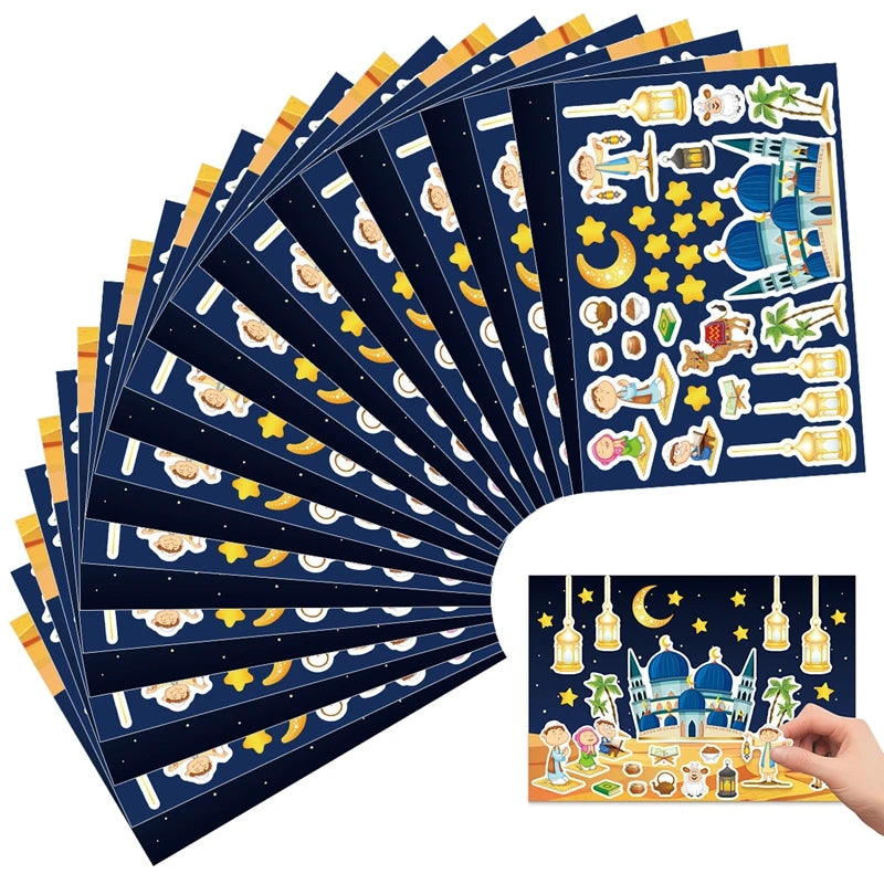 12pcs Eid Mubarak DIY Stickers Kids Gift Puzzle Game Toys Islam Muslim Party Supplies 2025 Ramadan Home Decoration Wall Sticker