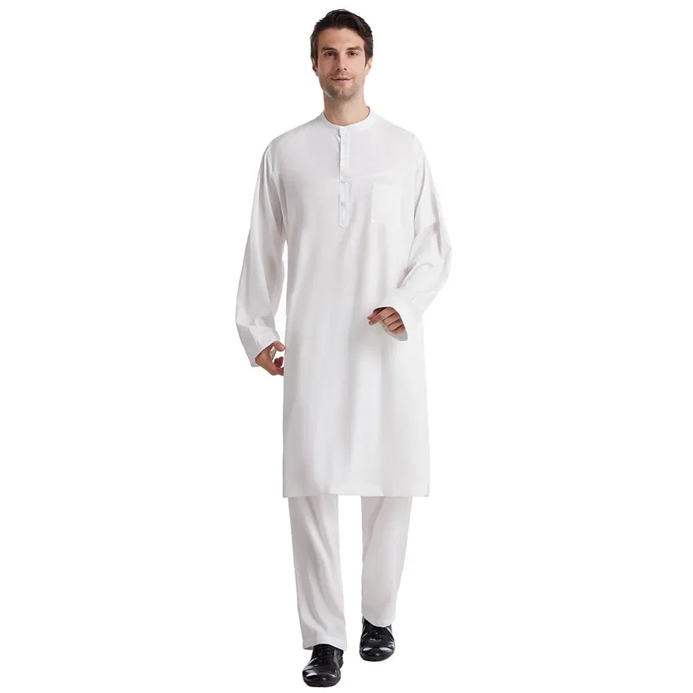 Muslim Islamic Clothing Men Jubba Thobe Long Robe Pants Saudi Abaya Caftan Dubai Arab Shirts Trousers 2pcs Pakistan Middle East