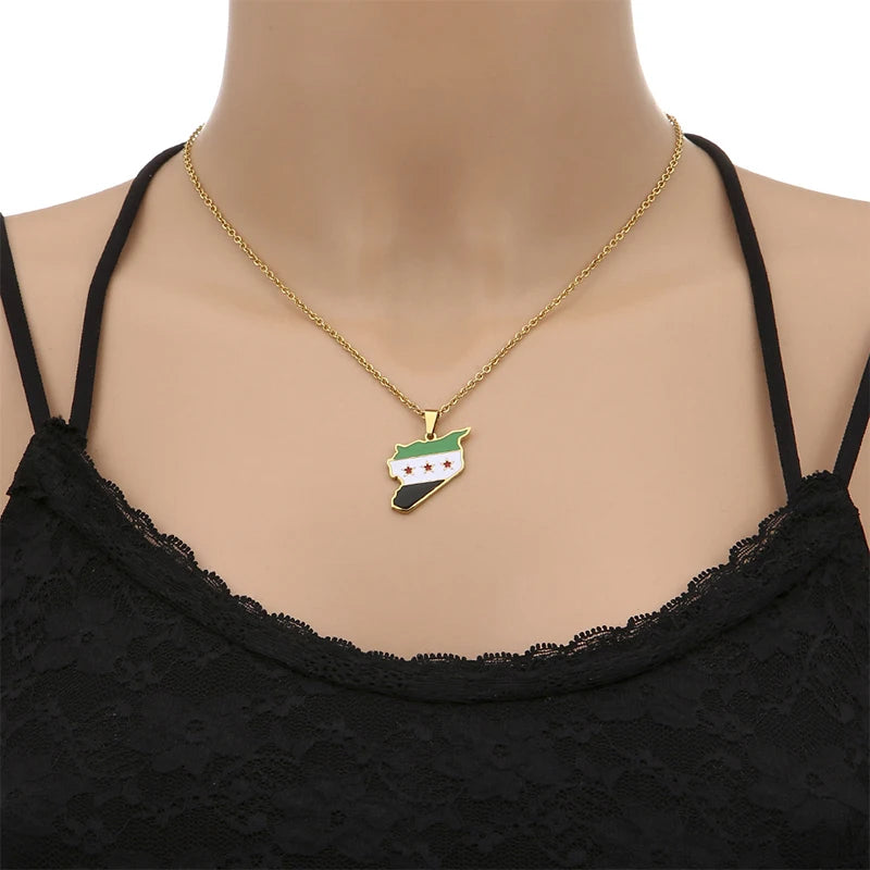 Stainless Steel Syria Map Flag Pendant Necklaces Fashion Syrians Map Chain Jewelry Women Men Hip-Hop Necklace Decoration