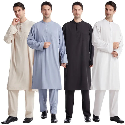 Muslim Islamic Clothing Men Jubba Thobe Long Robe Pants Saudi Abaya Caftan Dubai Arab Shirts Trousers 2pcs Pakistan Middle East