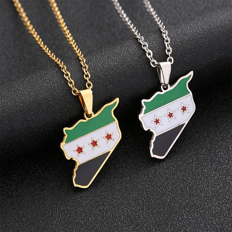 Stainless Steel Syria Map Flag Pendant Necklaces Fashion Syrians Map Chain Jewelry Women Men Hip-Hop Necklace Decoration