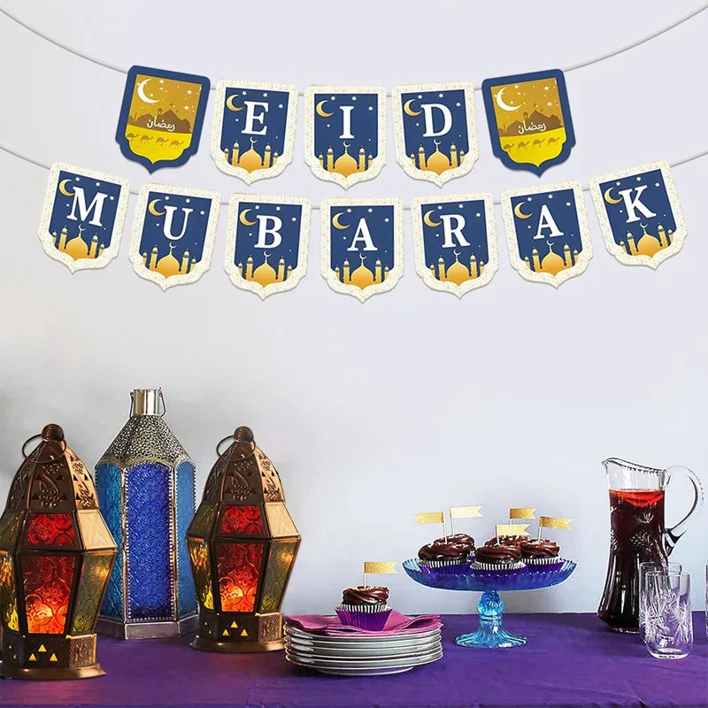 Eid Mubarak Paper Banner Ramadan Mubarak Banner Kareem Ramadan Decoration 2025 for Home Islamic Muslim Party Decor Eid Al Adha