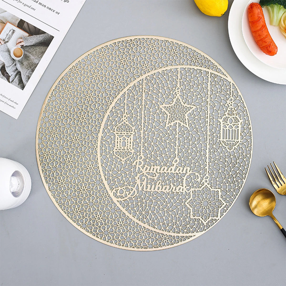 EID Mubarak Round Hollow-out Placemat Ramadan Home Table Dining Party Decor Ramadan Kareem Tableware Muslim Islamic Table Decor