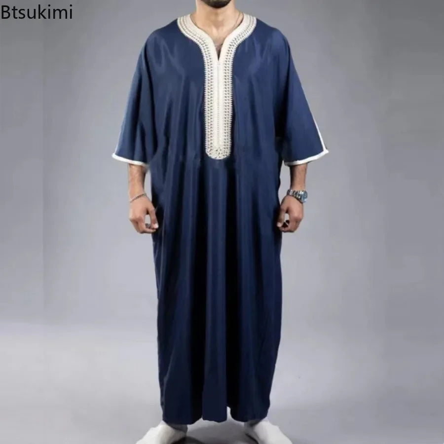 New 2025 Muslim Men Abaya Arabic Islamic Clothing Loose Shirt Robe Jubba Thobe Ethnic Print Saudi Arab Middle East Male Vestidos