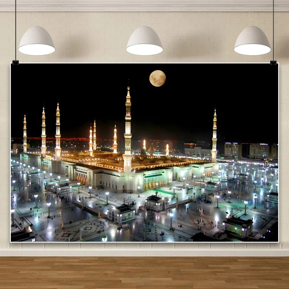 Mecca Holy City Hajj The Kaaba Background Muslim Mosque Night Building Arab Islamic Ramadan Decoration Wall Photo Backdrop