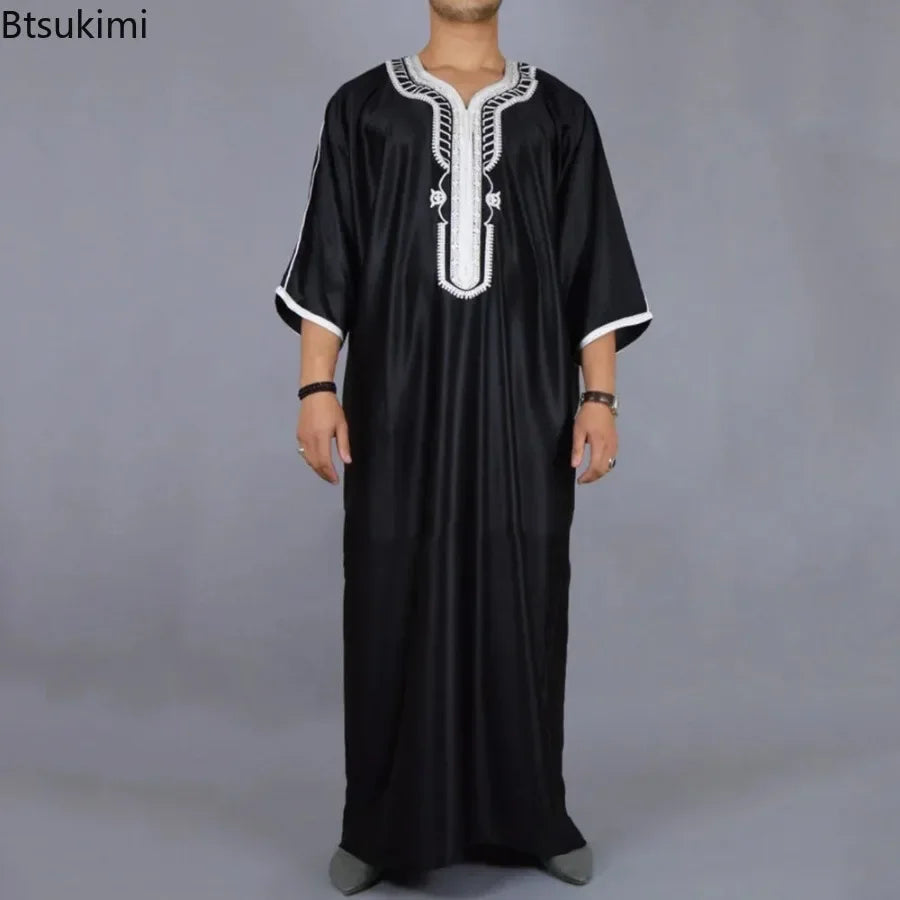 New 2025 Muslim Men Abaya Arabic Islamic Clothing Loose Shirt Robe Jubba Thobe Ethnic Print Saudi Arab Middle East Male Vestidos