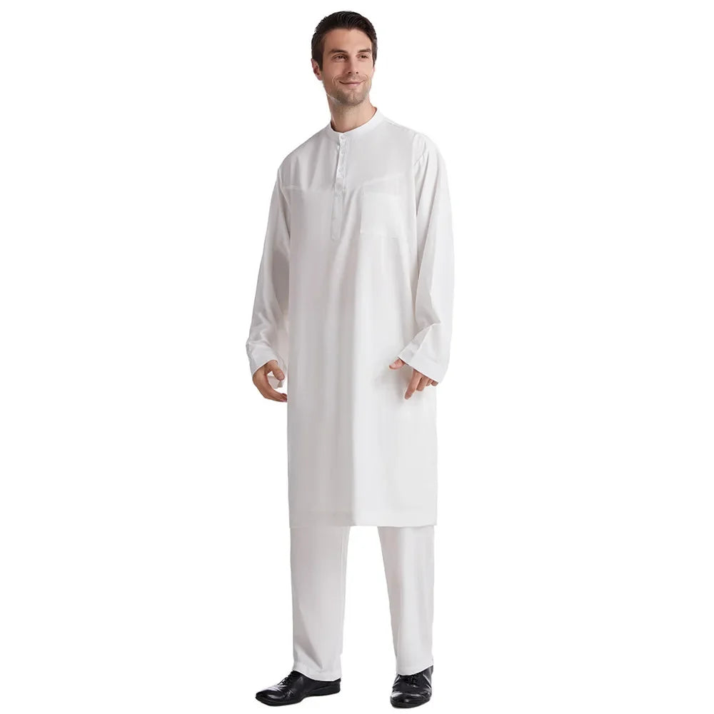 Muslim Islamic Clothing Men Jubba Thobe Long Robe Pants Saudi Abaya Caftan Dubai Arab Shirts Trousers 2pcs Pakistan Middle East