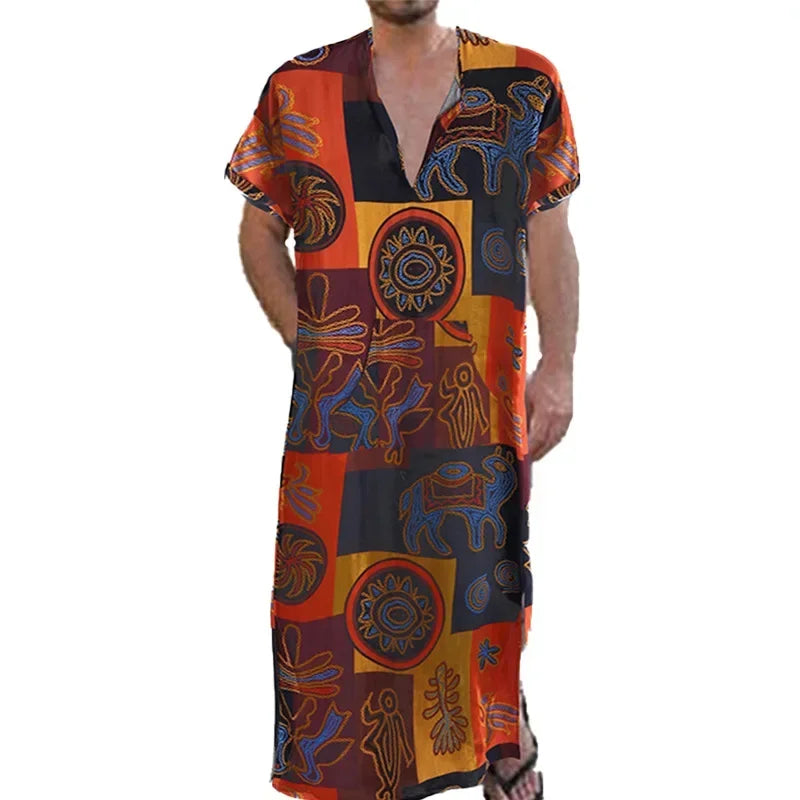 Muslim Men Summer  Casual Printed Long Short Sleeved Robe Dubai Robe for Men