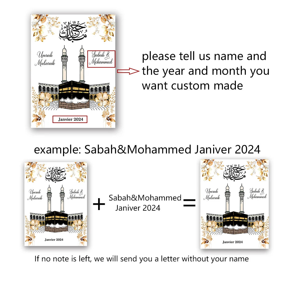 Umrah Mubarak Personalised Names Date Islamic Yellow Floral Beige Poster Wall Art Picture Canvas Painting Living Room Decor Gift