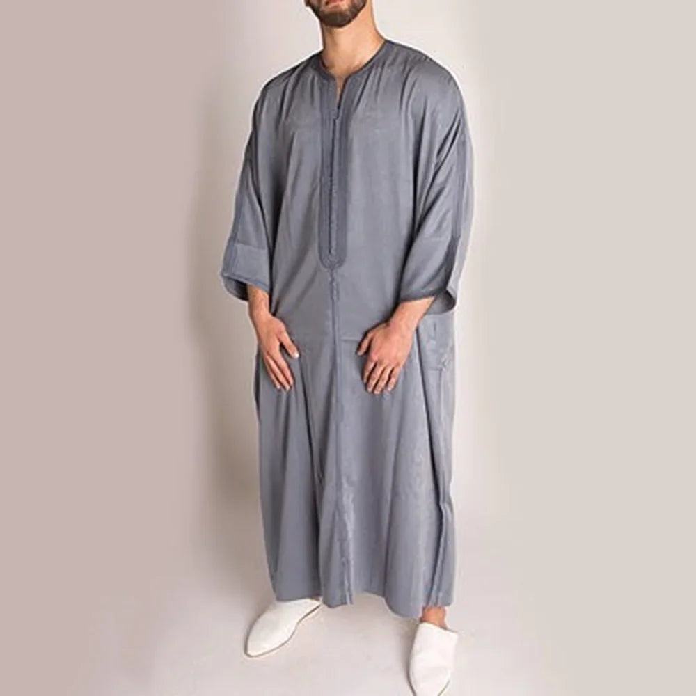 New 2025 Muslim Men Abaya Arabic Islamic Clothing Loose Shirt Robe Jubba Thobe Ethnic Print Saudi Arab Middle East Male Vestidos