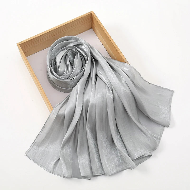 Newest Plain Shimmer Hijab Silk Wrinkle Scarf Muslim Woman Hijab Shawls Islam Woman Long Wraps Femme Headband Pure Turban