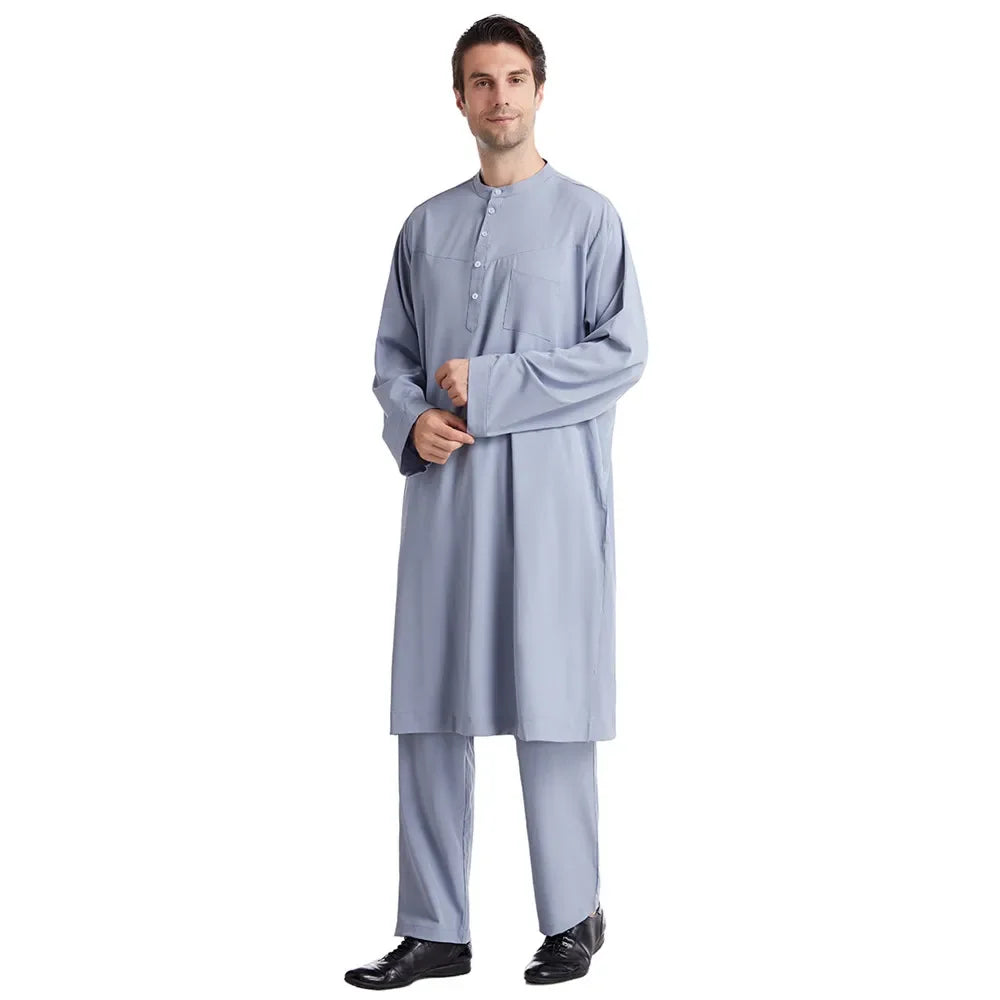 Muslim Islamic Clothing Men Jubba Thobe Long Robe Pants Saudi Abaya Caftan Dubai Arab Shirts Trousers 2pcs Pakistan Middle East