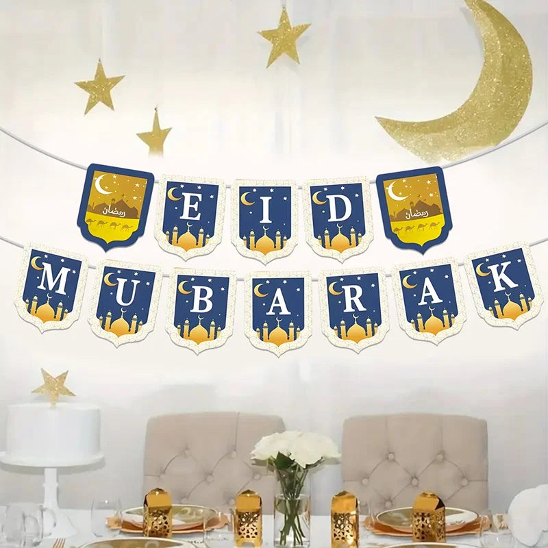 Eid Mubarak Paper Banner Ramadan Mubarak Banner Kareem Ramadan Decoration 2025 for Home Islamic Muslim Party Decor Eid Al Adha