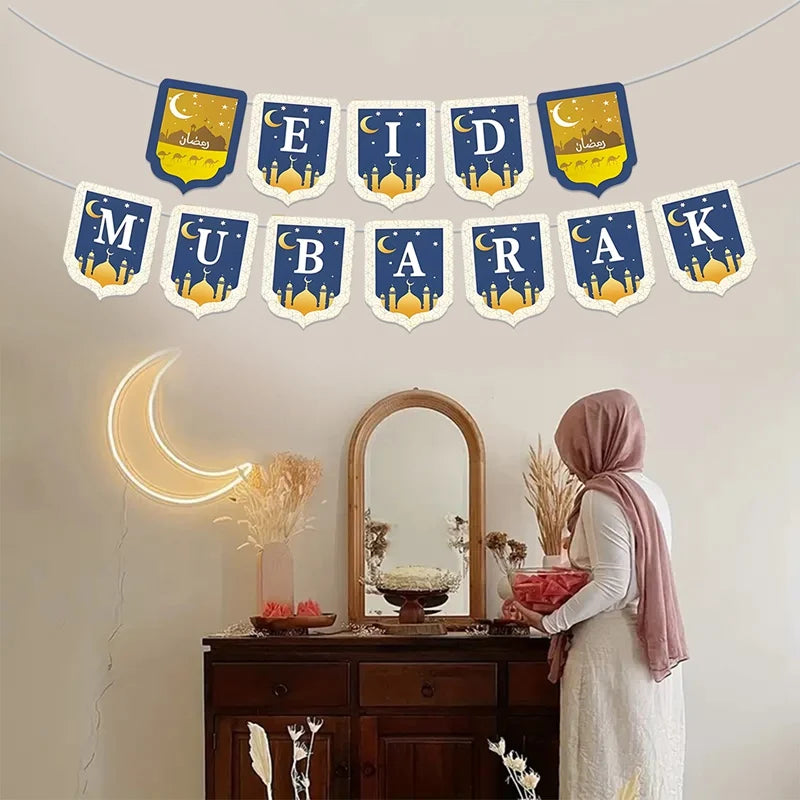 Eid Mubarak Paper Banner Ramadan Mubarak Banner Kareem Ramadan Decoration 2025 for Home Islamic Muslim Party Decor Eid Al Adha