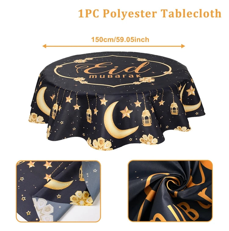 150cm Polyester Round Waterproof Cover Table Decor Eid Mubarak Restaurant Decoration Tablecloth Ramadan Home Decor Islamic Art