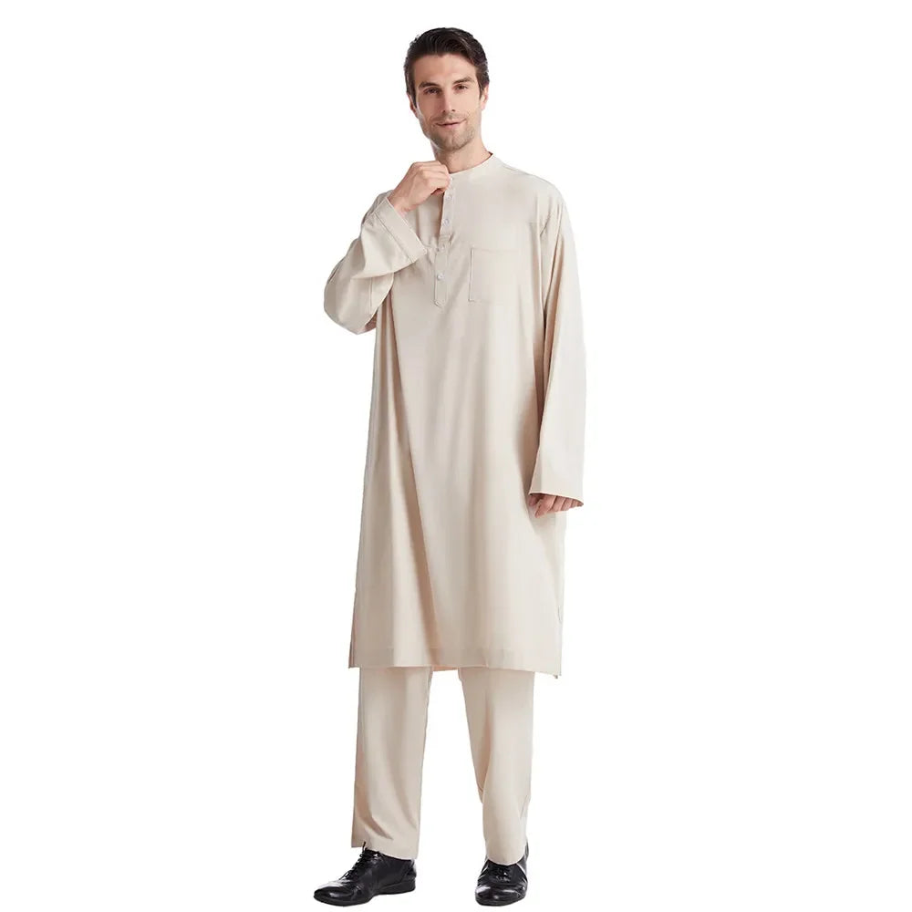 Muslim Islamic Clothing Men Jubba Thobe Long Robe Pants Saudi Abaya Caftan Dubai Arab Shirts Trousers 2pcs Pakistan Middle East