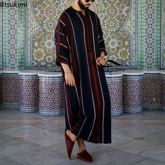 New 2025 Muslim Men Abaya Arabic Islamic Clothing Loose Shirt Robe Jubba Thobe Ethnic Print Saudi Arab Middle East Male Vestidos