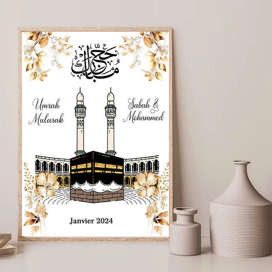 Umrah Mubarak Personalised Names Date Islamic Yellow Floral Beige Poster Wall Art Picture Canvas Painting Living Room Decor Gift