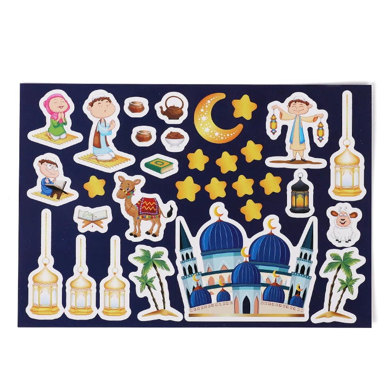 12pcs Eid Mubarak DIY Stickers Kids Gift Puzzle Game Toys Islam Muslim Party Supplies 2025 Ramadan Home Decoration Wall Sticker