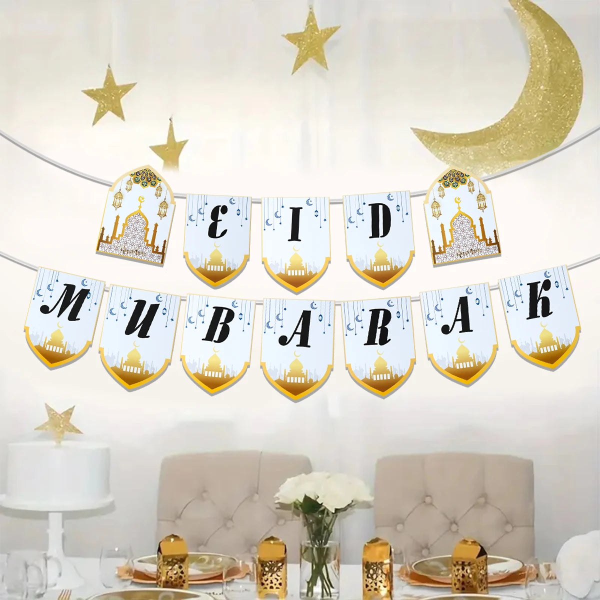 Eid Mubarak Paper Banner Ramadan Mubarak Banner Kareem Ramadan Decoration 2025 for Home Islamic Muslim Party Decor Eid Al Adha