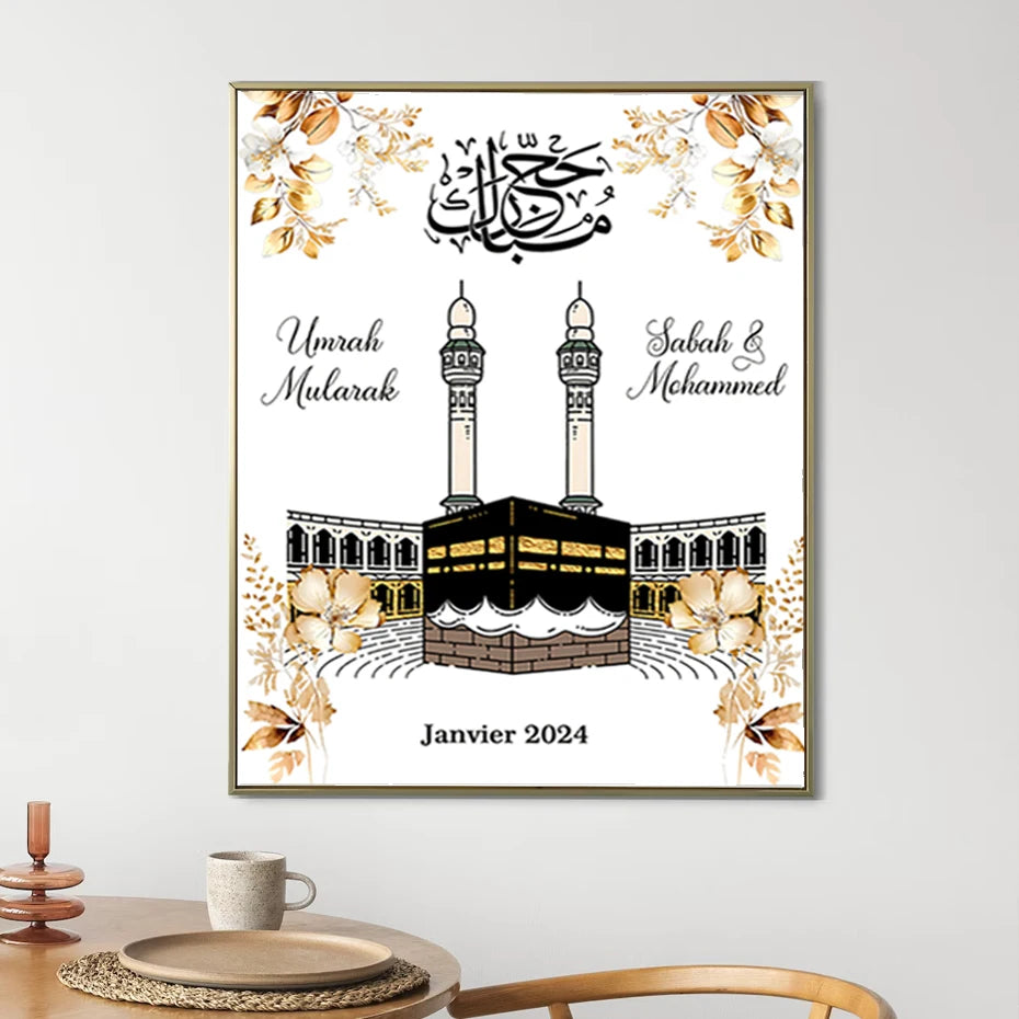 Umrah Mubarak Personalised Names Date Islamic Yellow Floral Beige Poster Wall Art Picture Canvas Painting Living Room Decor Gift