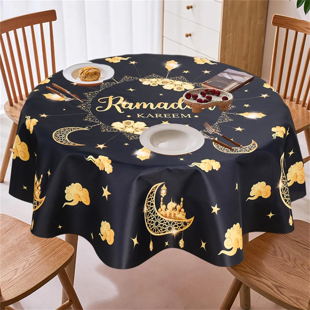 150cm Polyester Round Waterproof Cover Table Decor Eid Mubarak Restaurant Decoration Tablecloth Ramadan Home Decor Islamic Art