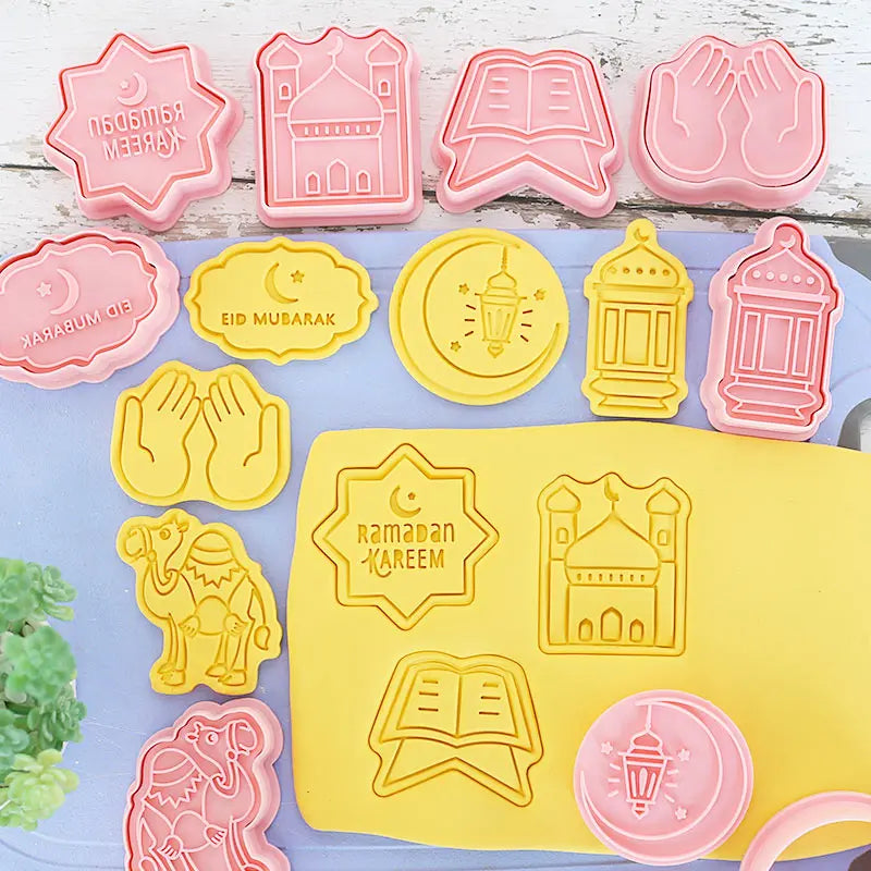 8 Pcs/set Eid Mubarak Biscuit Mold Ramadan Kareem Decoration Cookie Cutter Islamic Muslim Festival Cookie Stamp Kitchen Baking