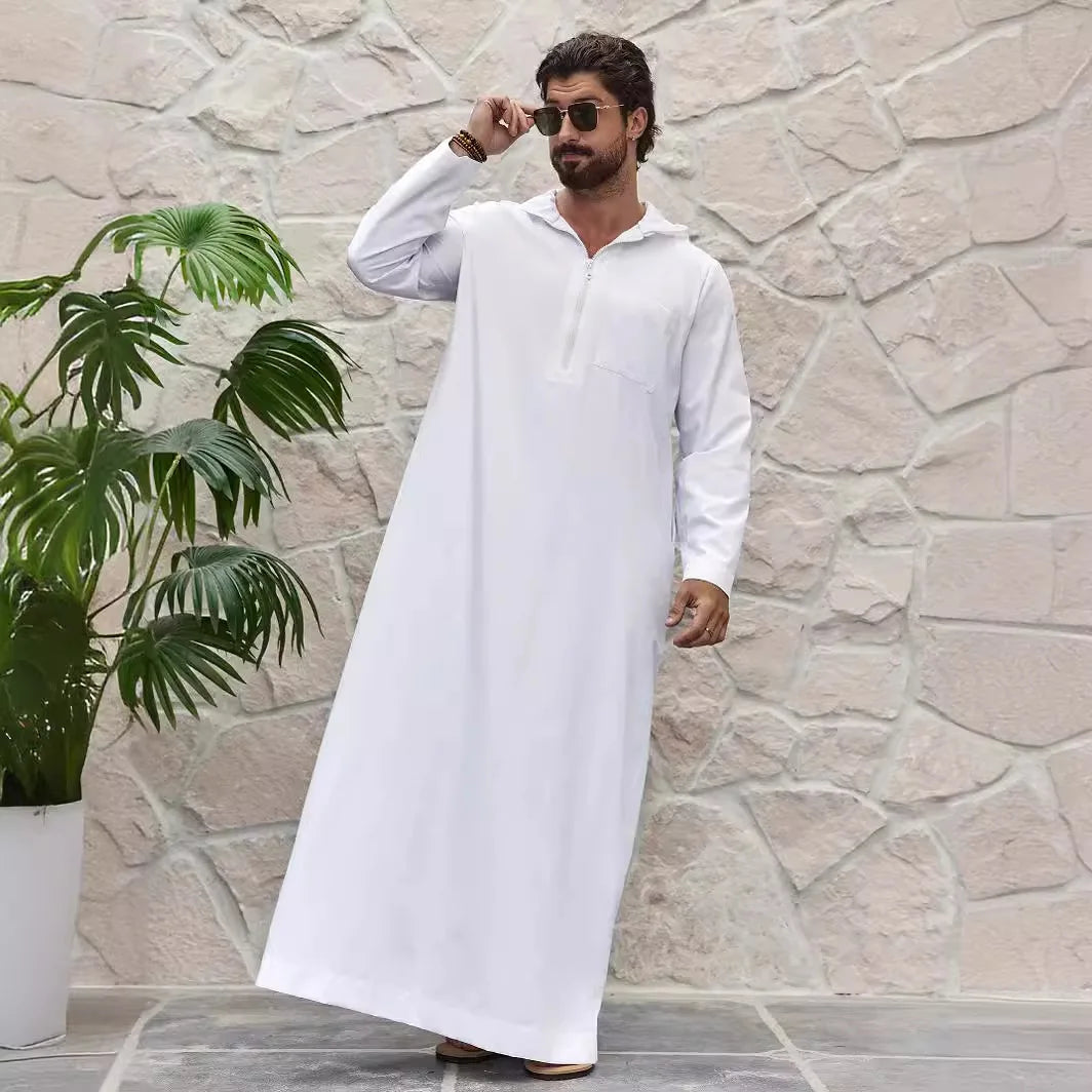 Ramadan islam Men's Solid Hooded Muslim Thobe, Islamic Long Gown Shirt Robe, Middle Eastern Fashion Abaya Muslim Men Clothing