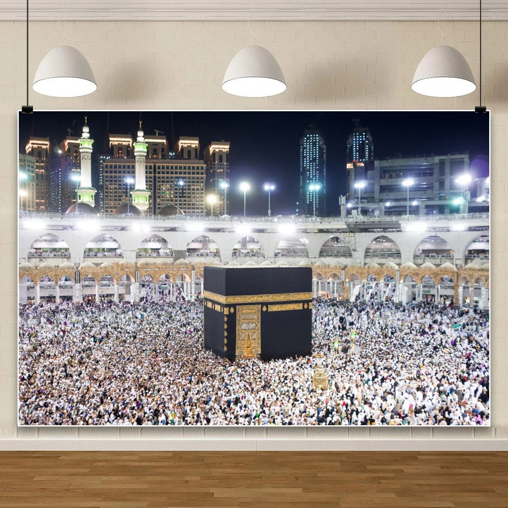 Mecca Holy City Hajj The Kaaba Background Muslim Mosque Night Building Arab Islamic Ramadan Decoration Wall Photo Backdrop