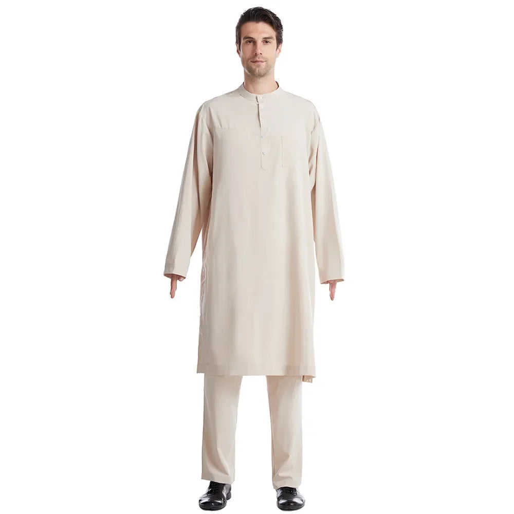 Muslim Islamic Clothing Men Jubba Thobe Long Robe Pants Saudi Abaya Caftan Dubai Arab Shirts Trousers 2pcs Pakistan Middle East