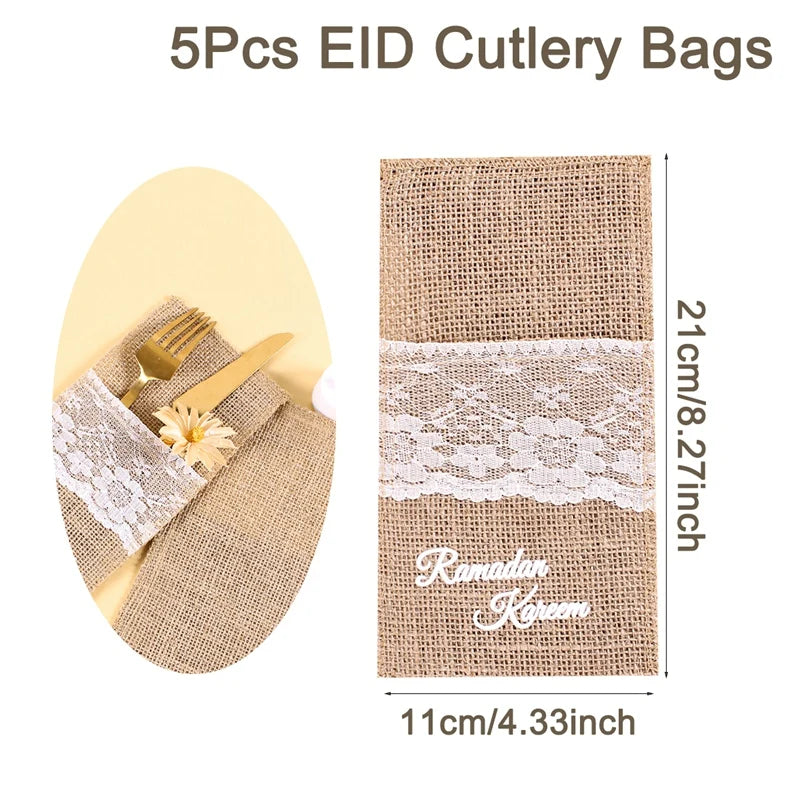 5pcs Ramadan Burlap Lace Cutlery Knife Fork Bag Eid Mubarak decoration 2024 Ramadan Kareem Islamic Muslim Party Eid Al Adha Gift