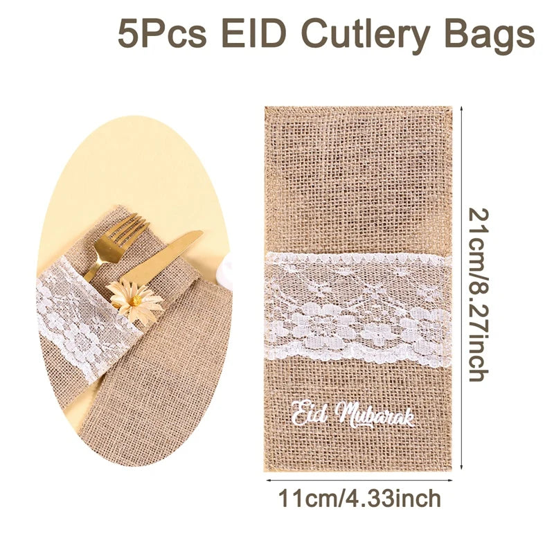 5pcs Ramadan Burlap Lace Cutlery Knife Fork Bag Eid Mubarak decoration 2024 Ramadan Kareem Islamic Muslim Party Eid Al Adha Gift