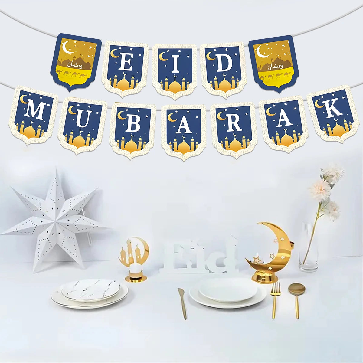 Eid Mubarak Paper Banner Ramadan Mubarak Banner Kareem Ramadan Decoration 2025 for Home Islamic Muslim Party Decor Eid Al Adha