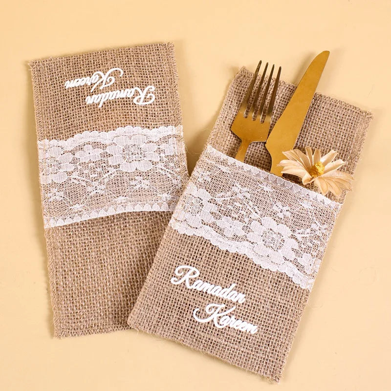 5pcs Ramadan Burlap Lace Cutlery Knife Fork Bag Eid Mubarak decoration 2024 Ramadan Kareem Islamic Muslim Party Eid Al Adha Gift