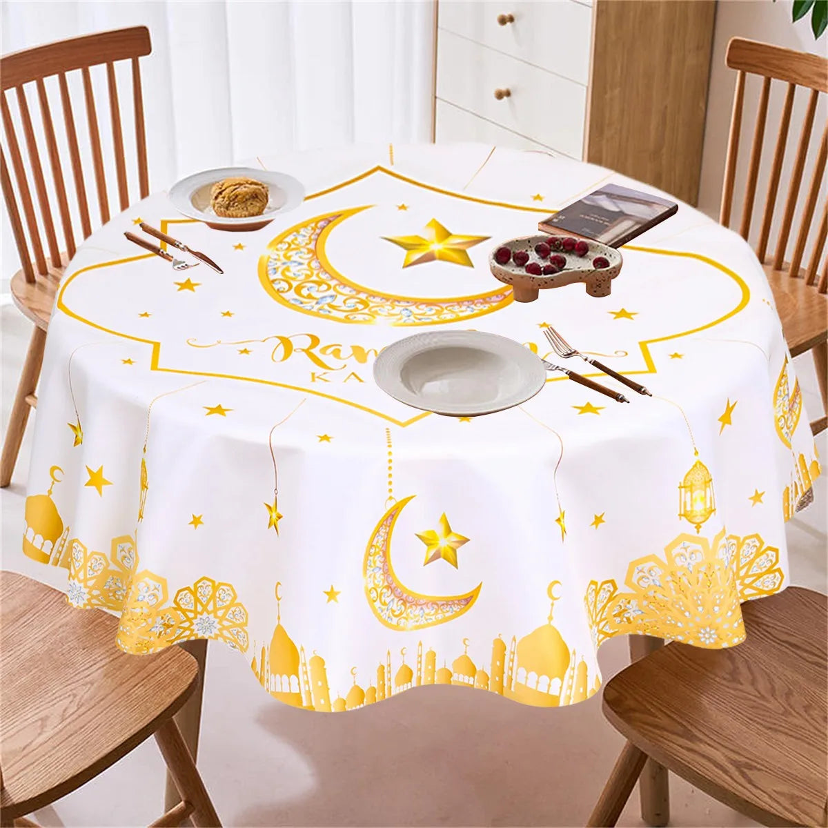 150cm Polyester Round Waterproof Cover Table Decor Eid Mubarak Restaurant Decoration Tablecloth Ramadan Home Decor Islamic Art